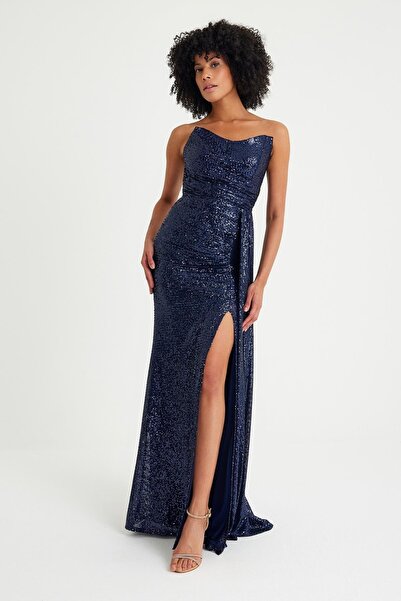 SpringStore Lacivert Degaje Yaka Payetli Abiye Elbise
