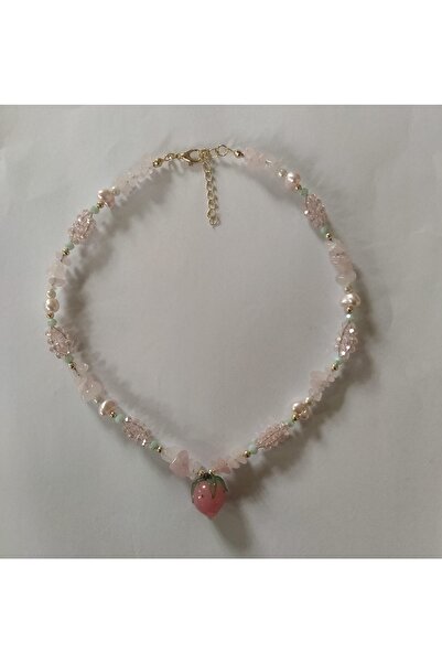 Fata Morgana Accessory Pembe Murano Çilek Uçlu Pembe Kuvars Doğaltaşlı Üzüm Kolye