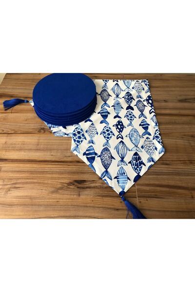 trendyuvamev tekstilürünleri Beyaz Zemin Üzerine Mavi Balık Desenli Runner & ...