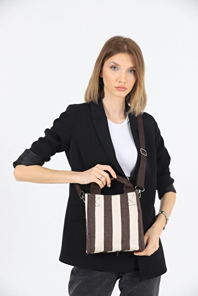 GÜLÇEM butik Kadın Kanvas Kumaş Kahve Çizgili Pelo Omuz Çantası