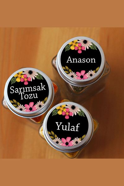 Sim Tasarım Floral Black 96 Pieces Spice Pulses Nuts Jar Label Colorful