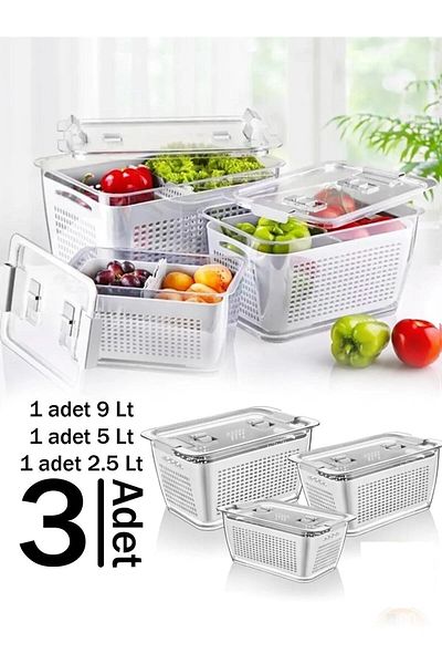 BOZHOUSE Compartment Storage Container with Strainer, Fresh Fruit Vegetable Storage Container, Refrigerator Organizer