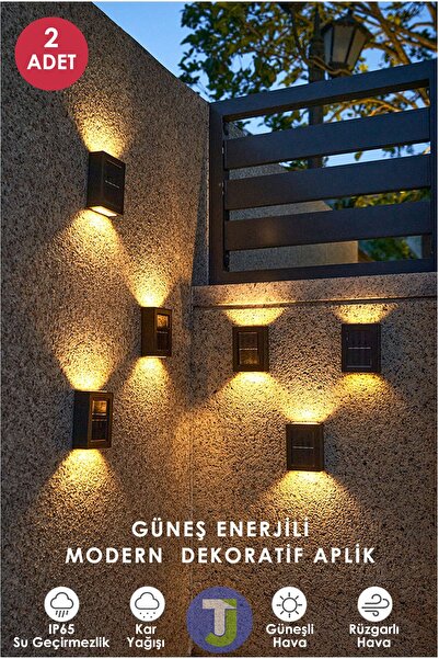 Technojet 2 Adet Modern Solar Güneş Enerjili 4 Ledli Bahçe Aydınlatması Aplik Sarı Işık Led Lamba