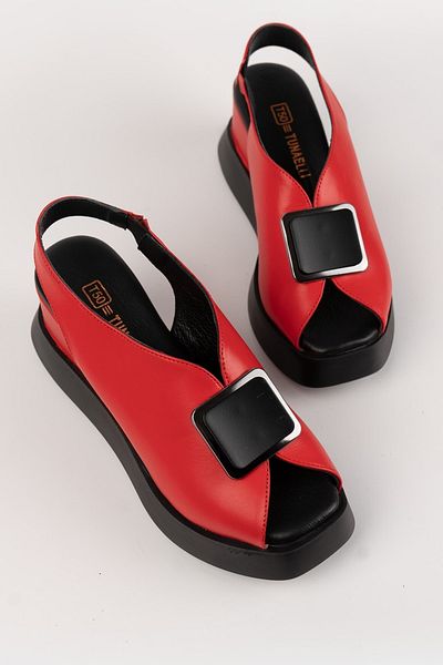 TUNAELLİ Women's Red Genuine Natural Leather Wedge Heeled Sandals