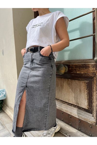 soBasic Gray Jean Front Slit Denim Jeans Pencil Skirt