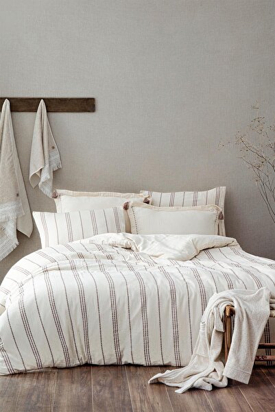 Ecocotton Izgi Bej Çift Kişilik %100 Organik Pamuk Müslin Nevresim Takımı