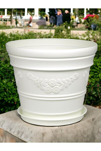 Melkan Home Antik Papatya Desenli Beyaz Renk Saksı 21 Litre