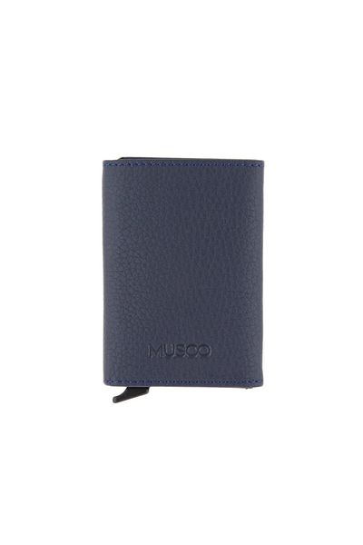 Musoo Πορτοφόλι Unisex Navy Blue από γνήσιο δέρμα με μηχανισμό θήκης κάρτας