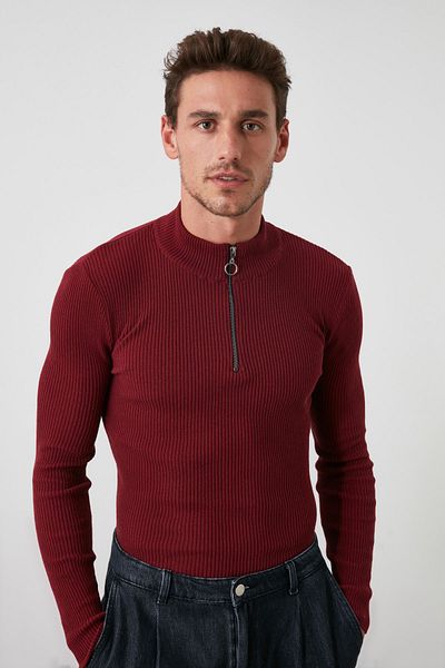Trendyol Collection Burgunderroter, gerippter Baumwollpullover mit Kragen und Reißverschluss TMNAW20KZ1034
