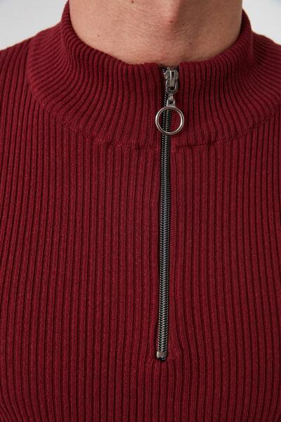 Trendyol Collection Claret Red Corded Cotton Collar Zippered Sweater Tmnaw20Kz1034