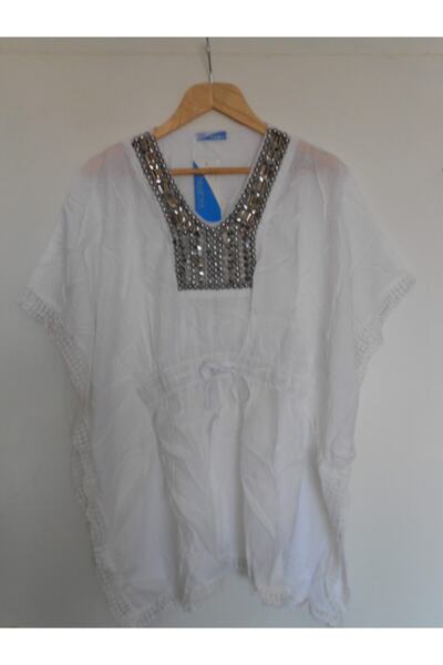 White Blue Kadın Otantik Beyaz El Işi Gümüş Taşlı Yarasa Kol Tunik