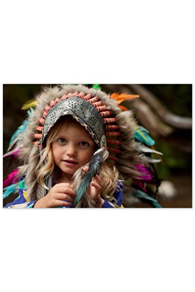 Cakatablo Ahşap Tablo Kızılderili Şapkalı Sevimli Küçük Kız -25-35 Cm