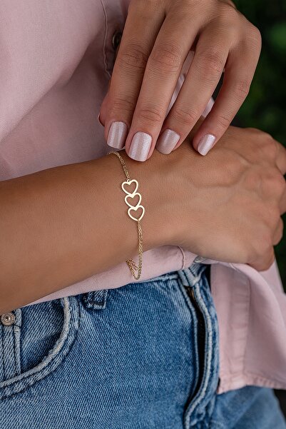 GençTaş Kuyumculuk Kadın Üç Kalpli Zarif Ve Modern 14 Ayar Altın Bileklik