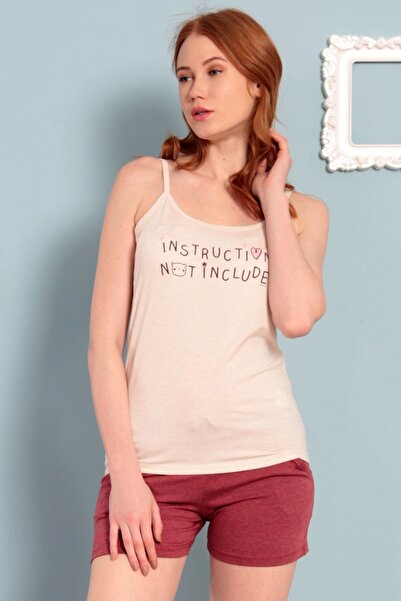 VİENETTA Women's Beige Rope Strap Regular Size Lycra Cotton Shorts Pajama Set