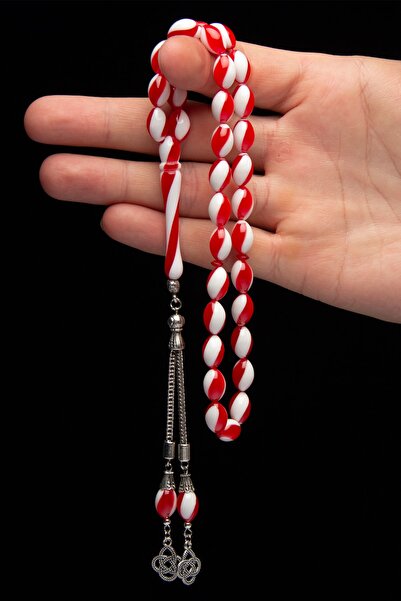 OTTOTESBİH Erkek Hediyelik Metal Püsküllü Kırmızı Beyaz Kokulu Toz Kehribar Tesbih