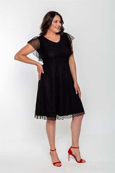 Seamoda Flounce Sleeve Polka Dot Tulle Short Dress-Black
