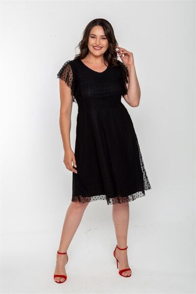 Seamoda Flounce Sleeve Polka Dot Tulle Short Dress-Black