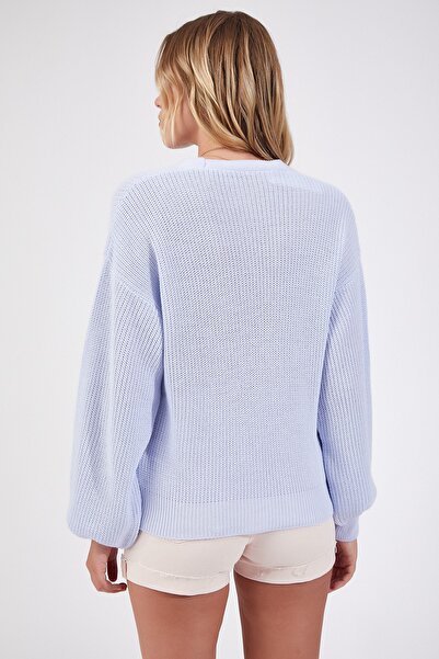 Happiness İstanbul Dámský úpletový kardigan nebesky modrý s výstřihem do V ZA00025