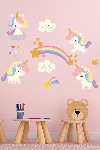 Tilki Dünyası Autocolant pentru cameră pentru copii, unicorn, curcubeu, nori și stele