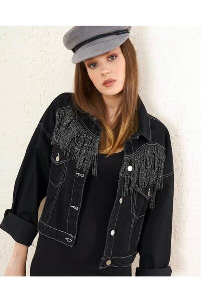 efstyle Kadın Siyah Sim Püsküllü Kot Ceket