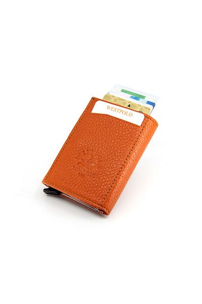 WEST POLO CÜZDAN Genuine Leather Men's Wallet with Orange Money Compartment and Mechanism