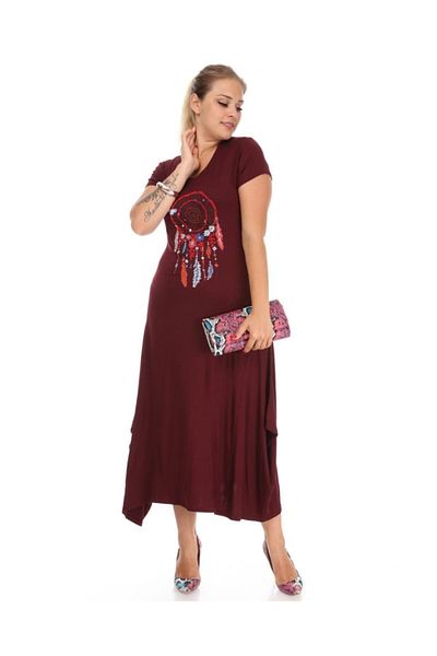MJORA Rochie de damă bordeaux cu model etnic detaliat din viscoză de mărime mare
