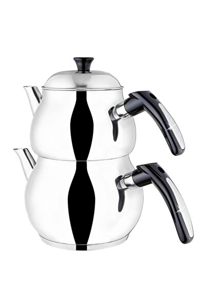 HAZARPAZAR Çaydanlık Çelik Siyah Kulp Mini Boy Toplam 2, 05 Litre Çift Kapak