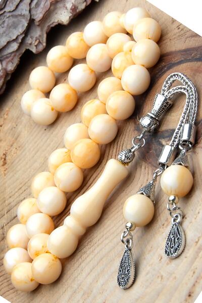 OTTOTESBİH Erkek 10mm Beyaz Hareli Çam Kokulu Beyrut Damla Kehribarı Tesbih