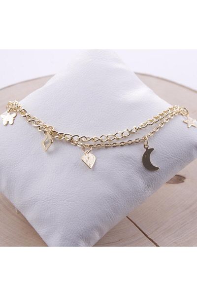 AKIN AKSESUAR HEDİYELİK Double Chain Mixed Figured Gold Yellow Anklet