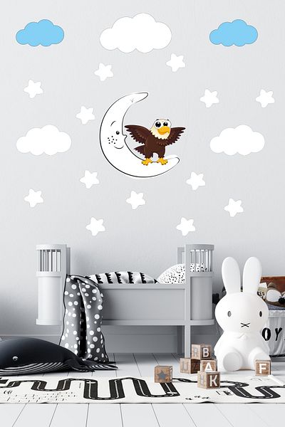 Tilki Dünyası Baby Kids White Stars And Blue Clouds Cute Eagle Decorative Room Wall Sticker