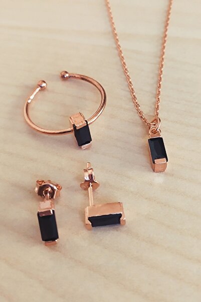 Trend Silver Gümüş Minimal Rose Baget Siyah Oniks Taşlı Üçlü Set