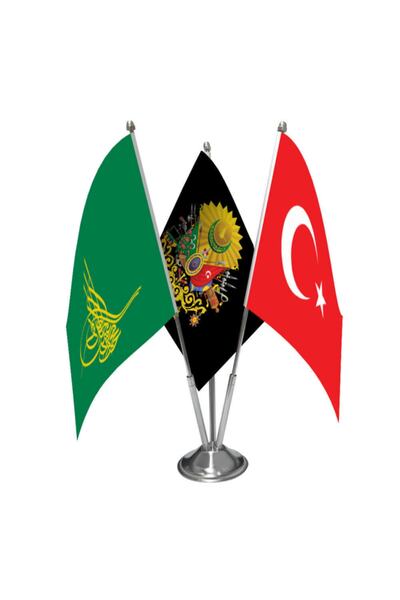 Genel Markalar Yeşil Tuğra - Osmanlı Arması Ve Türkiye - Üçlü Saten Masa Bayr...