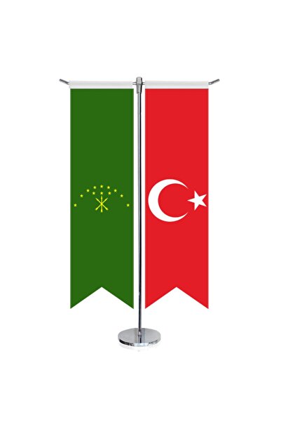 Adige Cumhuriyeti Bayrağı Ve Türkiye -kırlangıç - Saten T Direk 2li Masa Bayrağı