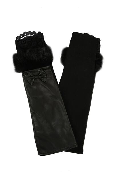 ENZIO GIZZI Kadın Parmaksız Hakiki Dantel Detaylı  Rex Kürk Aksesuarlı Uzun Deri Eldiven