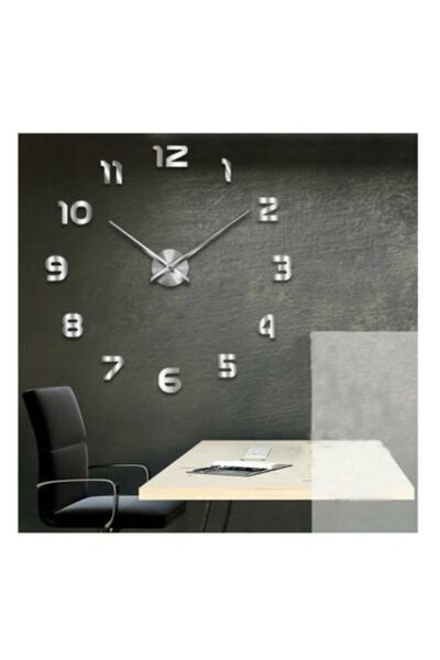 Otantik 3d Gümüş Büyük Boy Yapışkanlı Duvar Saati