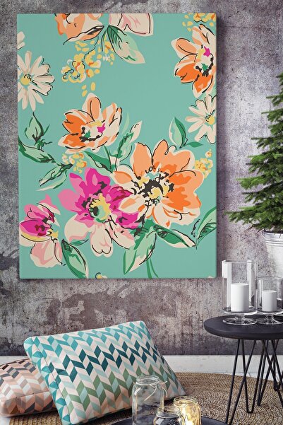 KanvasSepeti Su Yeşili Turuncu Pembe Çiçekli Soyut Kanvas Canvas Tablo Dekora...