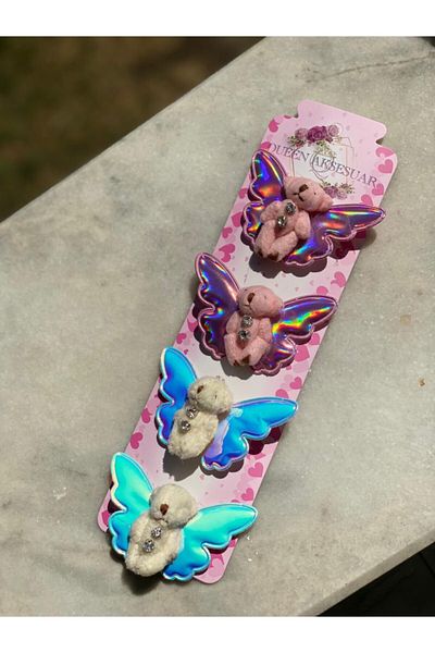 QUEEN AKSESUAR Cute Angel Jewelled Plush Teddy Bear Set of 4 Buckles with Collet Hologram Silver Pink Color