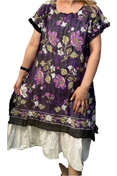 eLm Kadın Lila Desenli Kısa Kollu Yazlık Tülbent Elbise