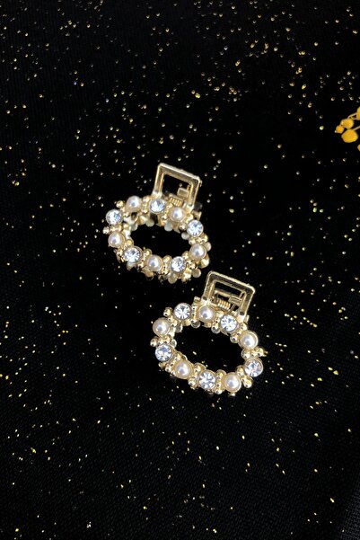 İnci Accessories Kadın 2' Li Mini Boy Oval Model Taşlı Ve Incili Metal Mandal Toka Gold