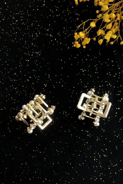 İnci Accessories Women's 2' Mini Size Oval Model Metal Latch Buckle with Stones and Pearls Gold