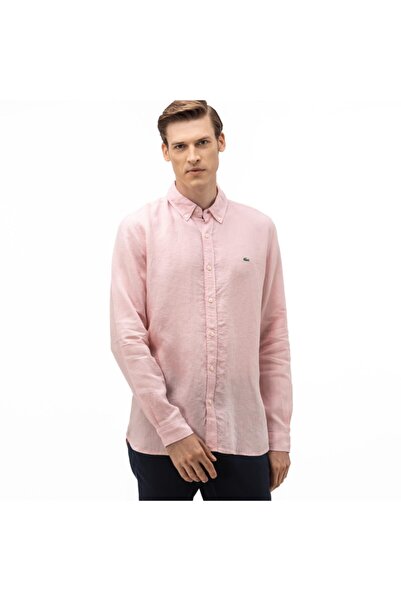 Lacoste قميص رجالي وردي اللون ذو ياقة ضيقة وأزرار من الكتان الخفيف Ch4990t.5mm