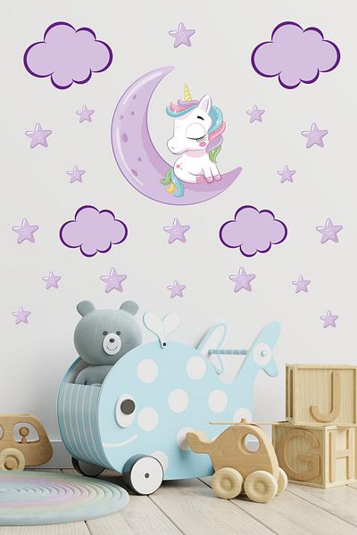 Tilki Dünyası Autocolant de perete pentru cameră pentru copii Unicorn dormind pe lună