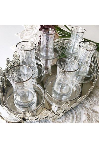 Paşabahçe Hand Decorated Flower Patterned 12 Piece Tea Glass Set for 6 Persons