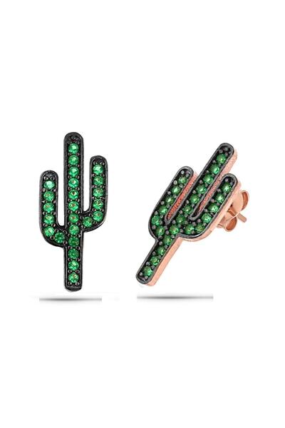 Trend Silver Gümüş Rose Kaktüs Küpe Yeşil Taşlı Küpe