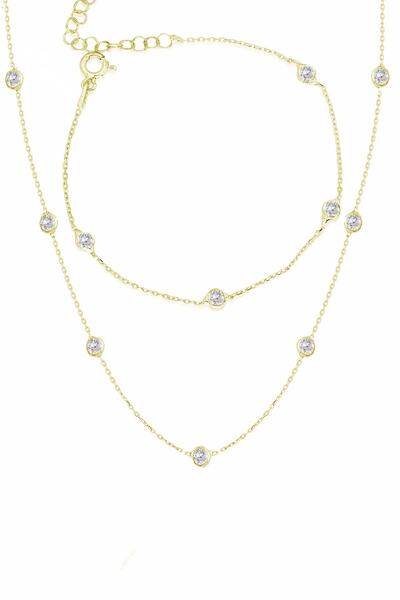 Trend Silver Gümüş Yaldızlı Zirkon Taşlı Tiffany Kolye Ve Bileklik Takım Seti