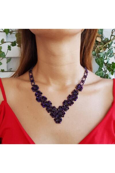 Handmade By HLY Abiye Tasarım El Örgüsü Kristal Taş Detaylı Kolye