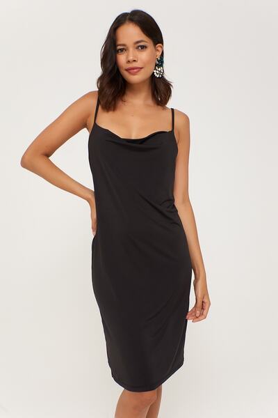 Cool & Sexy Kadın Siyah Degaje Yaka Elbise LPP1130