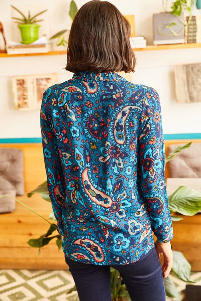 Olalook Blaues Damenhemd mit Schalkragen und Muster GML-19000669