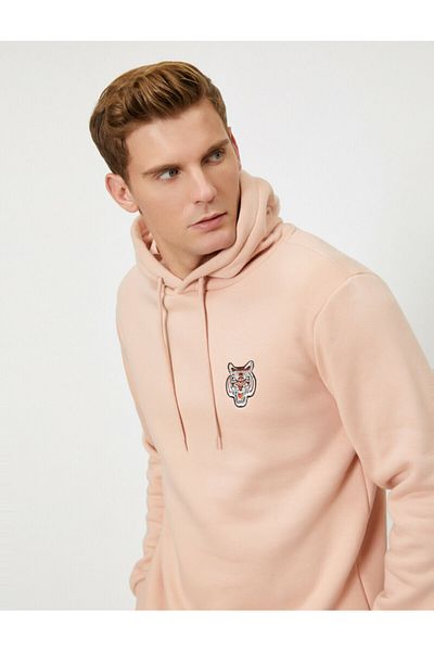 Koton Men's Pink Hooded Long Sleeve Sweatshirt with Embroidered Detail