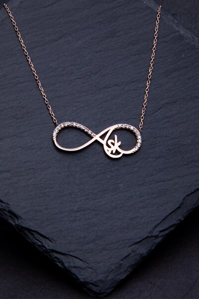 OTTOTESBİH Kadın Sonsuzluk Figürlü Aşk Yazılı Rose Kaplama Gümüş Kolye